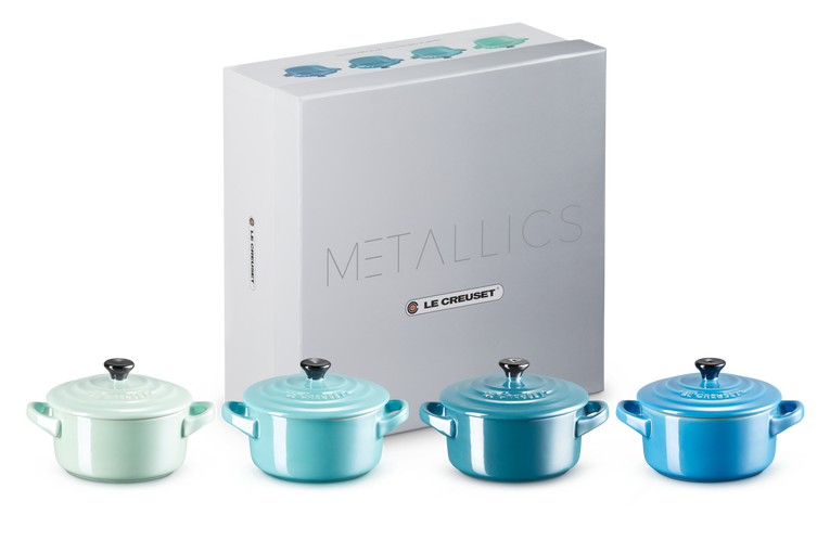 Le Creuset 4er-Set Mini Cocottes Metallics Blau-Grün aus Steinzeug Black Friday Preise
