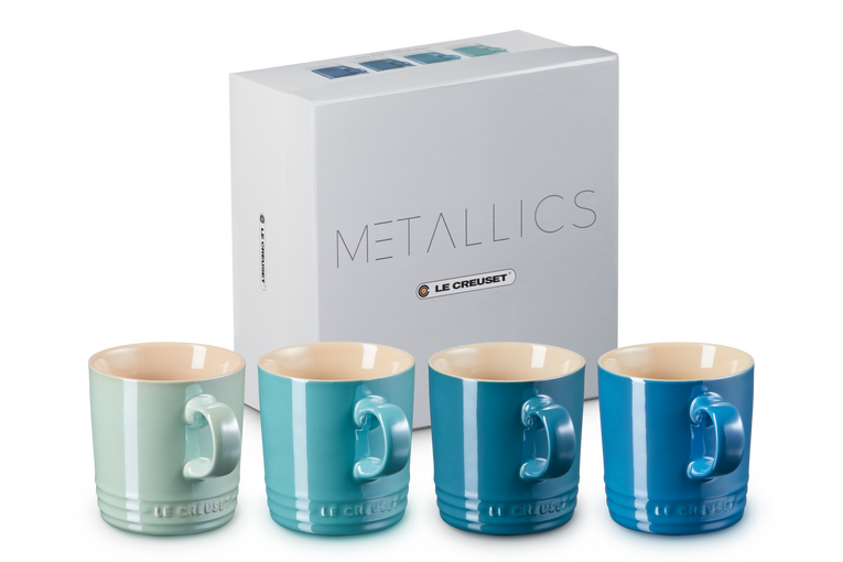 Le Creuset 4er-Set Becher Metallics Blau-Grün aus Steinzeug Schlussverkauf