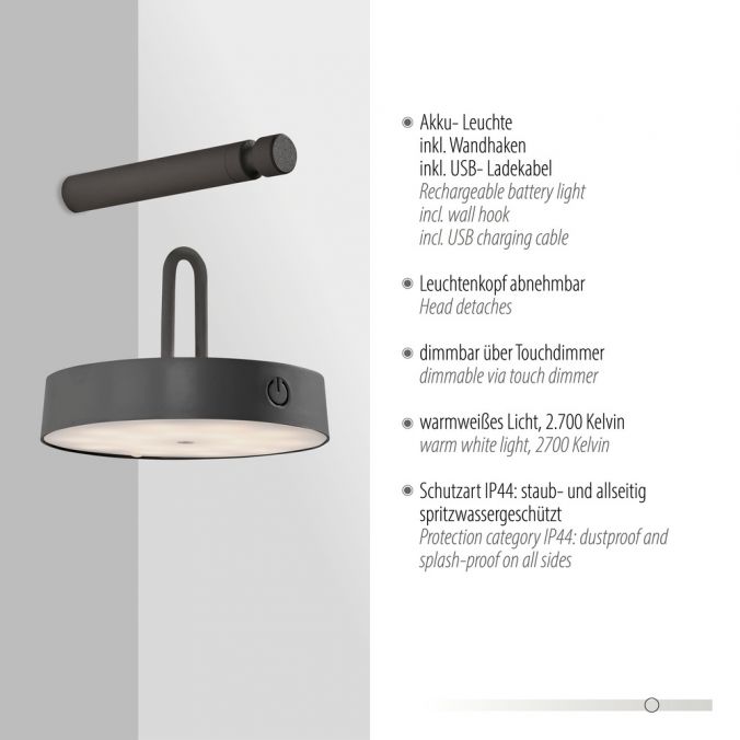 Paul Neuhaus LED Akku Wandleuchte schwarz dimmbar per Touch IP44 Memoryfunktion Kostenloser Versand