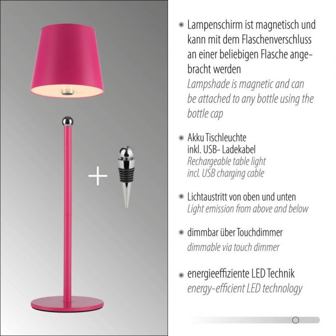 Paul Neuhaus LED Flaschenleuchte pink Akku Touchdimmer USB IP54 Tischleuchte Super Rabatt