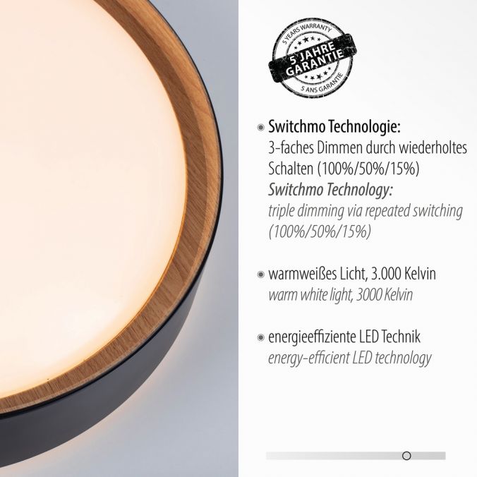 Paul Neuhaus LED Deckenleuchte, rund, schwarz, dimmbar, Holzoptik, warmweiß, Deckenlampe Hotsell