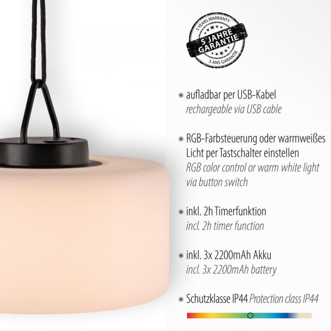 Paul Neuhaus LED-Pendelleuchte, IP44, Akkuleuchte, RGB+W, Tastschalter, inkl. USB-Kabel Zeitlich begrenztes Angebot