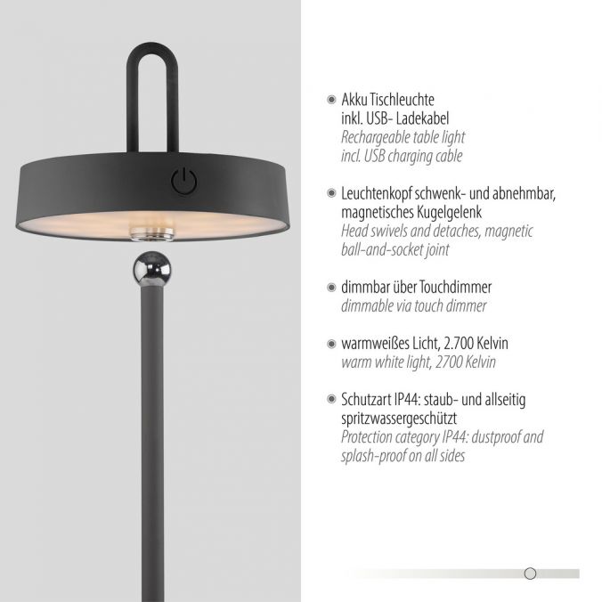 Paul Neuhaus LED Tischlampe schwarz Akku Touchdimmer spritzwassergeschützt USB Blitzangebot
