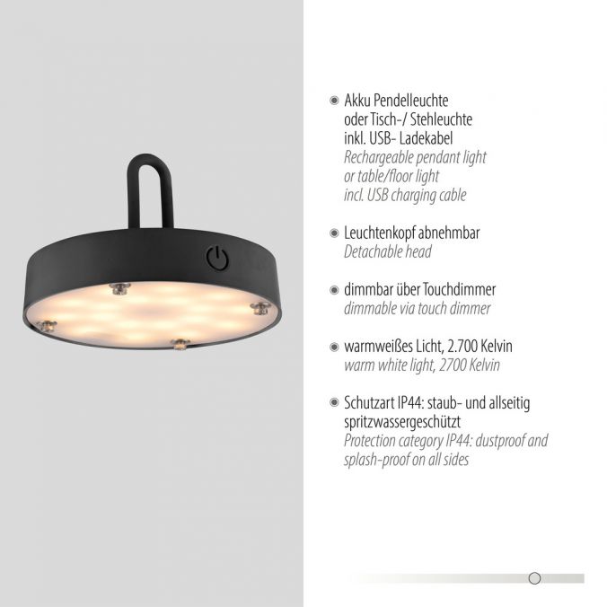 Paul Neuhaus LED Tischleuchte D=25cm schwarz Akkulampe USB IP44 dimmbar per Touch Neuheiten