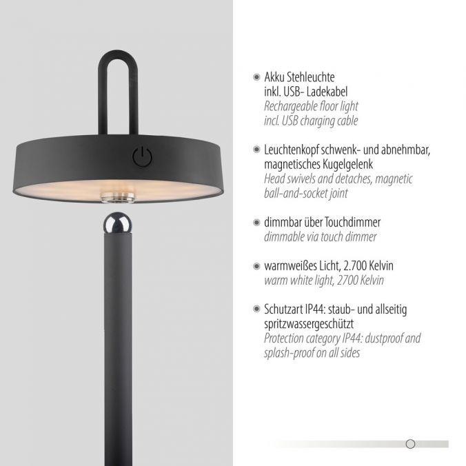 Paul Neuhaus LED Akku Stehlampe schwarz dimmbar per Touch IP44 Memoryfunktion Bestseller