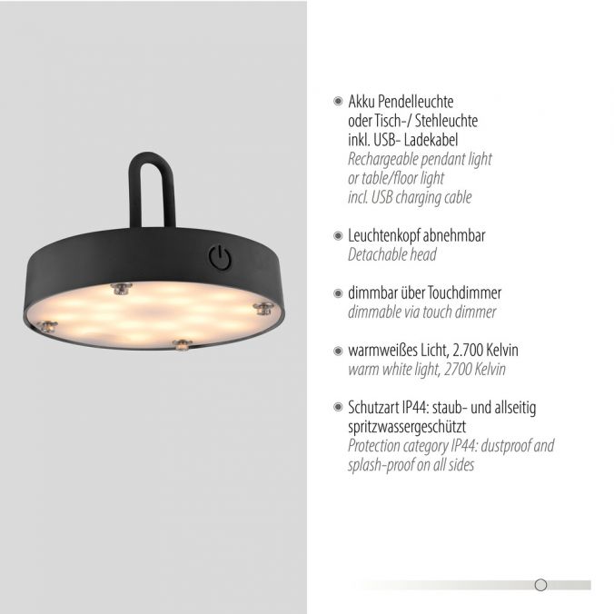 Paul Neuhaus LED Tischleuchte D=46cm schwarz Akkulampe USB IP44 dimmbar per Touch Kauf eins, bekomm eins gratis