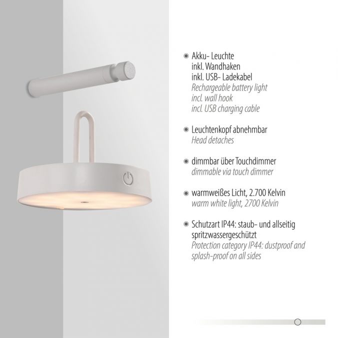 Paul Neuhaus LED Akku Wandleuchte weiß dimmbar per Touch IP44 Memoryfunktion Tägliche Deals
