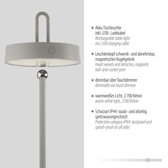 Paul Neuhaus LED Tischlampe greige Akku Touchdimmer spritzwassergeschützt USB Vatertagsangebot