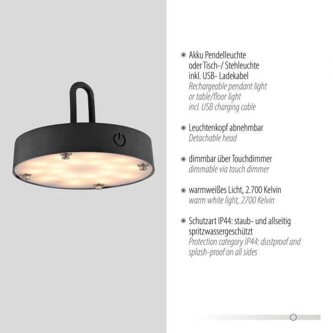 Paul Neuhaus LED Tischleuchte D=36cm schwarz Akkulampe USB IP44 dimmbar per Touch Lagerräumung