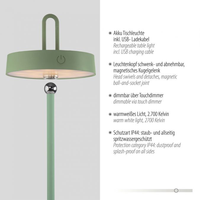 Paul Neuhaus LED Tischlampe grün Akku Touchdimmer spritzwassergeschützt USB Heißer Verkauf