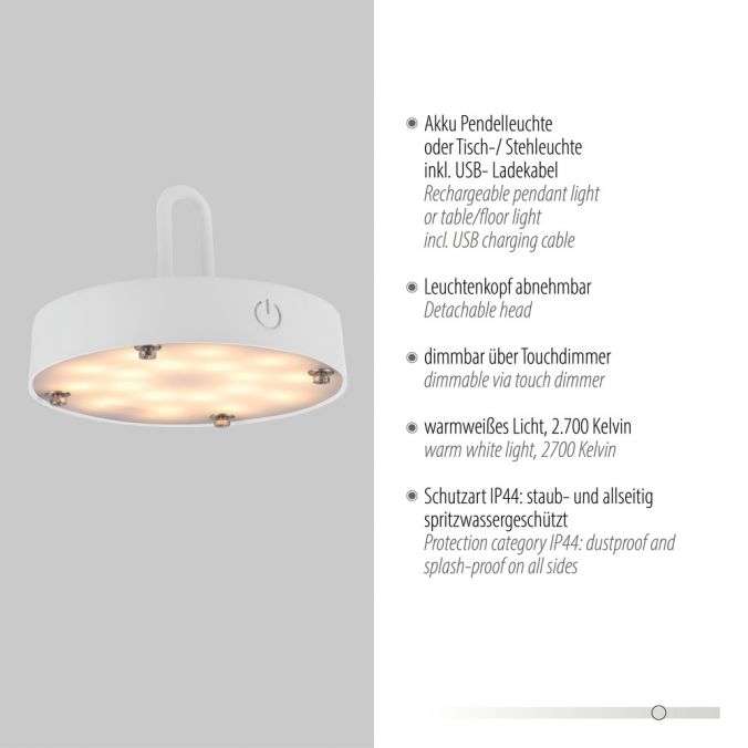Paul Neuhaus LED Tischleuchte D=46cm weiß Akkulampe USB IP44 dimmbar per Touch Zeitlich begrenztes Angebot