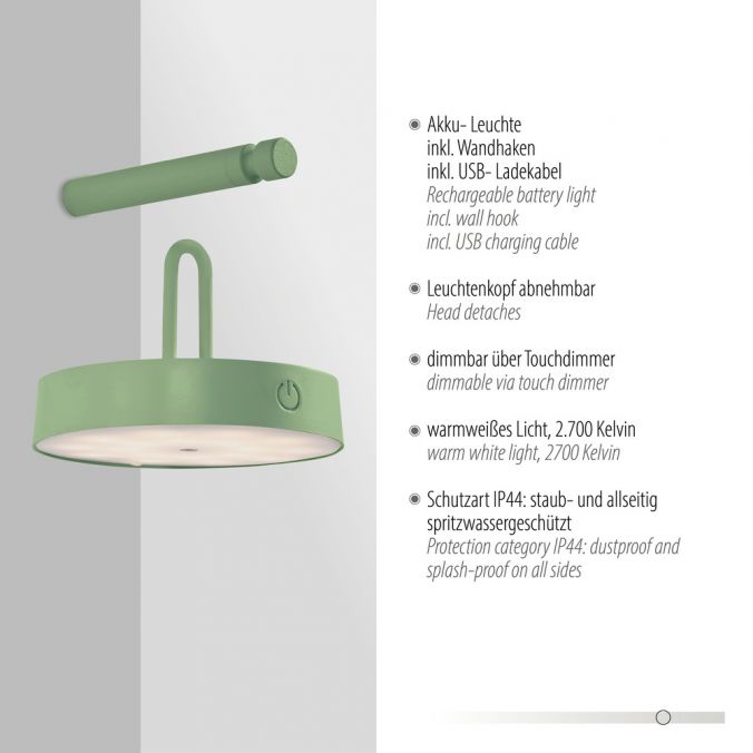 Paul Neuhaus LED Akku Wandleuchte grün dimmbar per Touch IP44 Memoryfunktion Große Rabatte