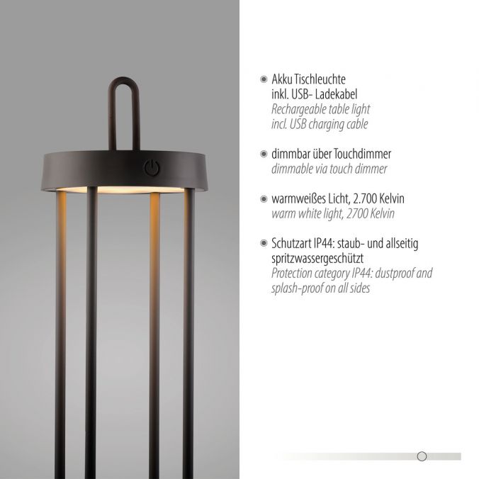 Paul Neuhaus LED Akkulampe Tischleuchte schwarz 50cm Touchdimmer IP44 Gartenleuchte Tiefpreis