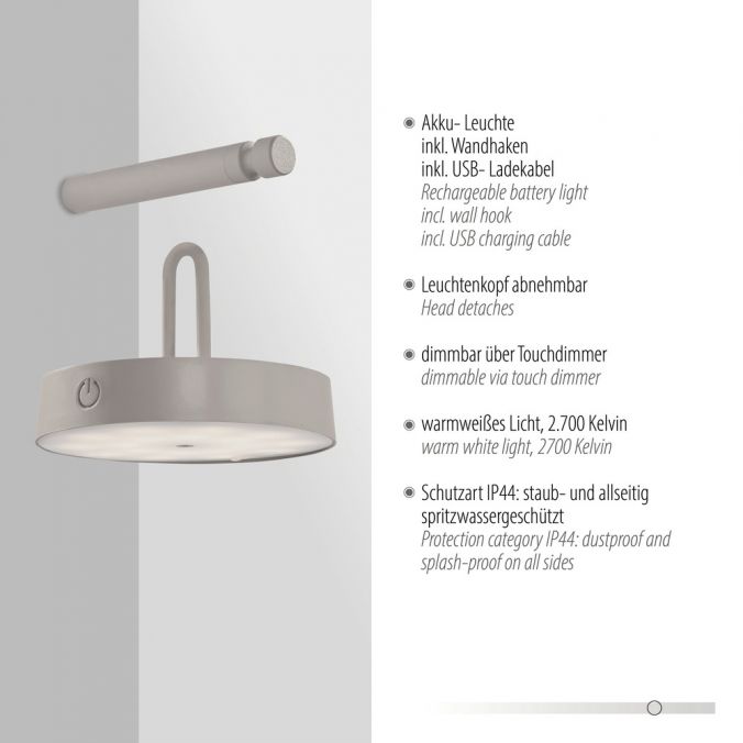 Paul Neuhaus LED Akku Wandleuchte greige dimmbar per Touch IP44 Memoryfunktion Kostenlose Rückgabe