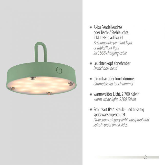 Paul Neuhaus LED Tischleuchte D=25cm grün Akkulampe USB IP44 dimmbar per Touch Neueste Stile