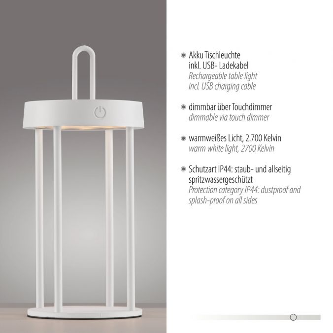 Paul Neuhaus LED Akkulampe Tischleuchte weiß 28cm Touchdimmer IP44 Gartenleuchte Black Friday