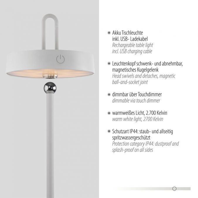 Paul Neuhaus LED Tischlampe weiß Akku Touchdimmer spritzwassergeschützt USB Auslauf
