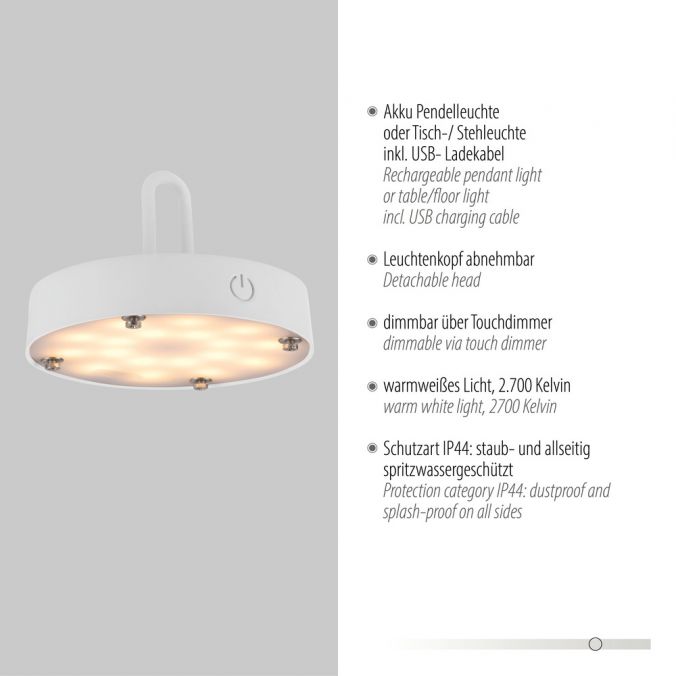 Paul Neuhaus LED Tischleuchte D=36cm weiß Akkulampe USB IP44 dimmbar per Touch Schlussverkauf