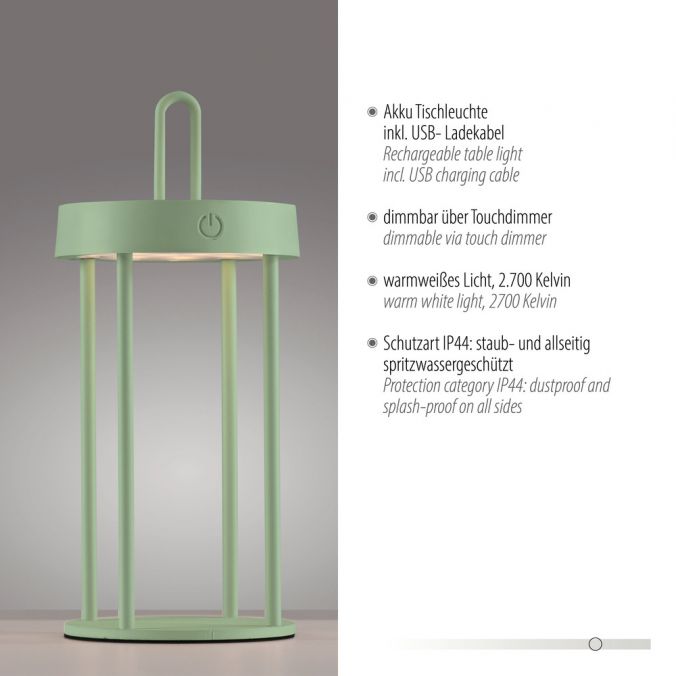 Paul Neuhaus LED Akkulampe Tischleuchte grün 28cm Touchdimmer IP44 Gartenleuchte Fabrikverkauf