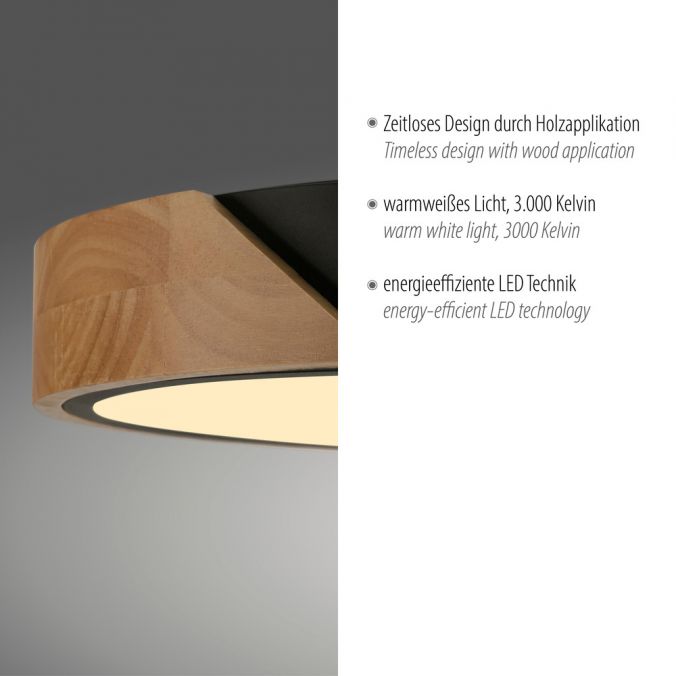 Paul Neuhaus LED Deckenleuchte rund schwarz mit Holzdekor zeitloses Design Fabrikpreis