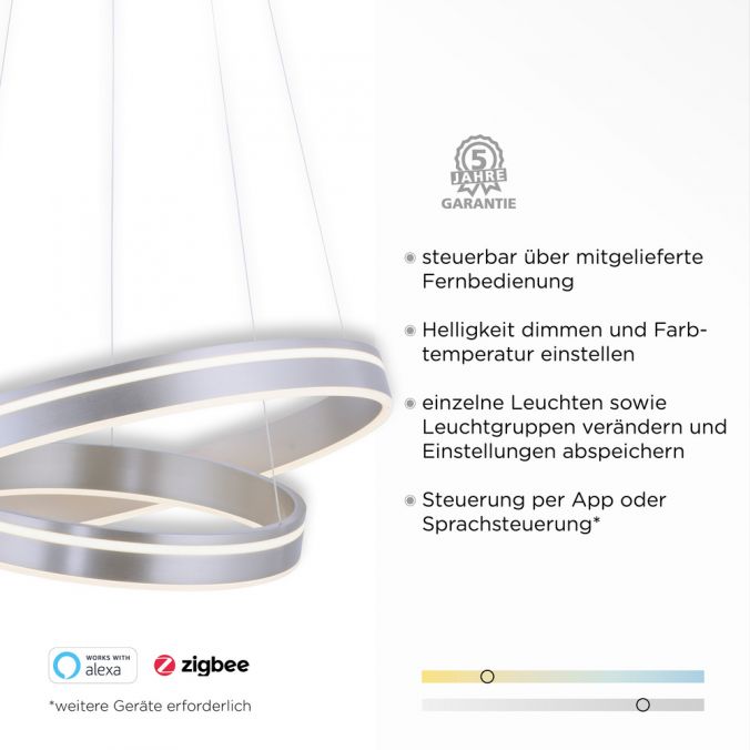Paul Neuhaus Paul Neuhaus Q VITO LED Hängelampe Smart Home silberfarbig rund doppel Ring Fernbedienung Jubiläumsangebot