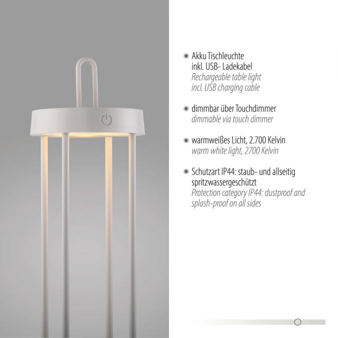 Paul Neuhaus LED Akkulampe Tischleuchte weiß 50cm Touchdimmer IP44 Gartenleuchte Große Rabatte