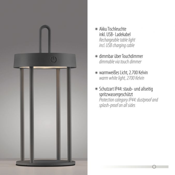 Paul Neuhaus LED Akkulampe Tischleuchte schwarz 28cm Touchdimmer IP44 Gartenleuchte Neuheiten