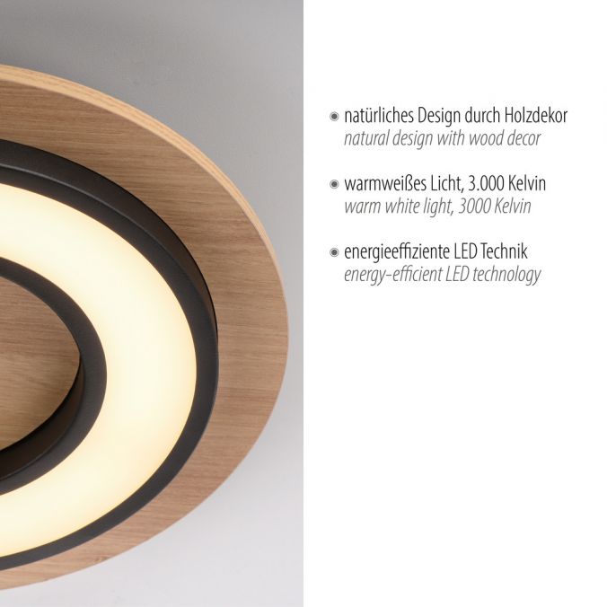 Paul Neuhaus LED Deckenleuchte schwarz rund Mettall und Holzdekor 3000K warmweiß Preisnachlass