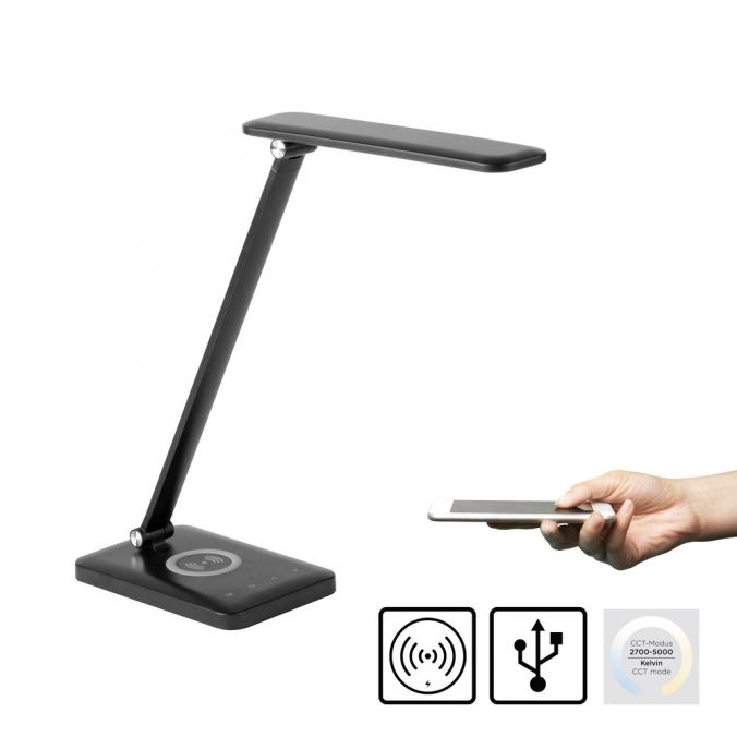 Paul Neuhaus LED Tischleuchte, schwarz, QI-Ladefunktion, Touchdimmer, CCT