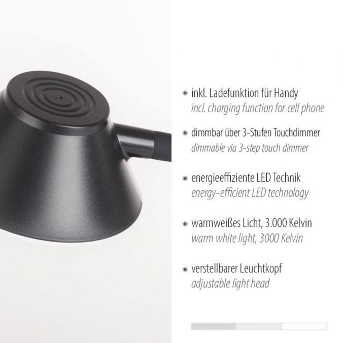 Paul Neuhaus LED Tischleuchte schwarz Handy Ladefunktion Touchdimmer verstellbar Neueste Mode
