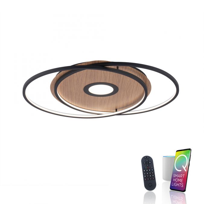 Paul Neuhaus Q-AMIRA, LED-Deckenleuchte, Holzdekor, Stahl, CCT, dimmbar, Smart Home