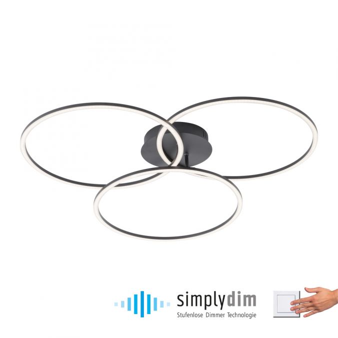 Paul Neuhaus LED Deckenleuchte, schwarz, modern, drei Leuchtringe, dimmbar, schwenkbar