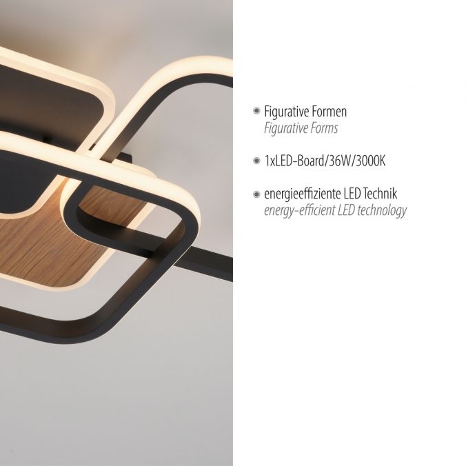 Paul Neuhaus LED Deckenleuchte eckig schwarz mit Holzdekor warmweiß modern Super Sparpreis