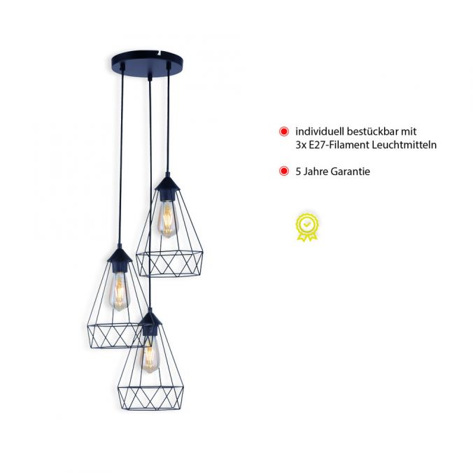 Paul Neuhaus Pendelleuchte, schwarz, drei Metallkörbe, modern, Retro Stil, E27 Fassung Riesige Rabatte
