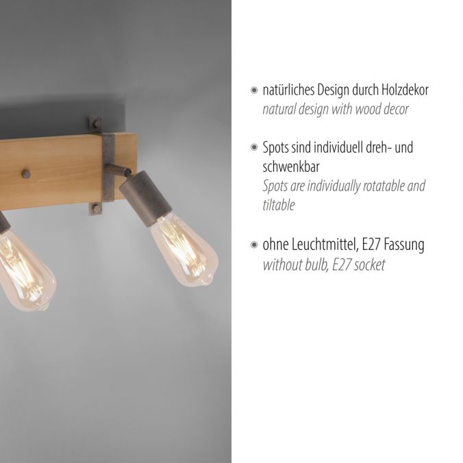 Paul Neuhaus Deckenleuchte, Metall, Holz, bewegliche Spots, rustikales Design, modern Zeitbegrenzte Promotion