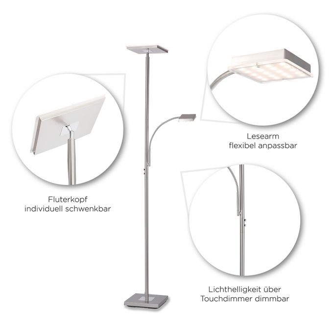 Paul Neuhaus LED-Deckenfluter, stahlfarbig, dimmbar, Touchdimmer, Leselampe Exklusivangebot