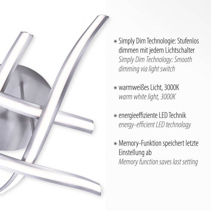 Paul Neuhaus LED-Deckenleuchte, 4 geschwungene Leuchtarme, warmweiße Lichtfarbe, dimmbar zollfrei