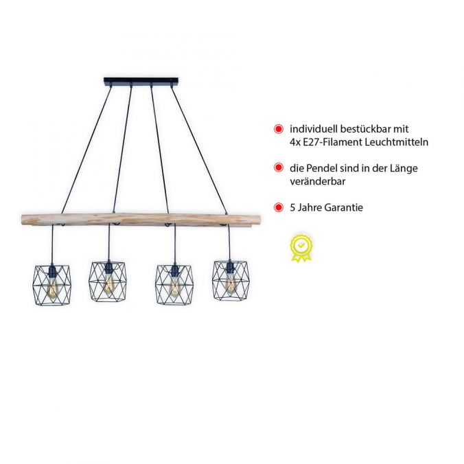 Paul Neuhaus Pendelleuchte, schwarz, 5-flammig, Holzleiter, Retro Design, E27 Fassung Fabrikverkauf
