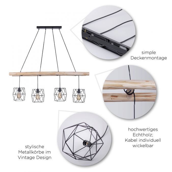 Paul Neuhaus Pendelleuchte, schwarz, 5-flammig, Holzleiter, Retro Design, E27 Fassung Fabrikverkauf