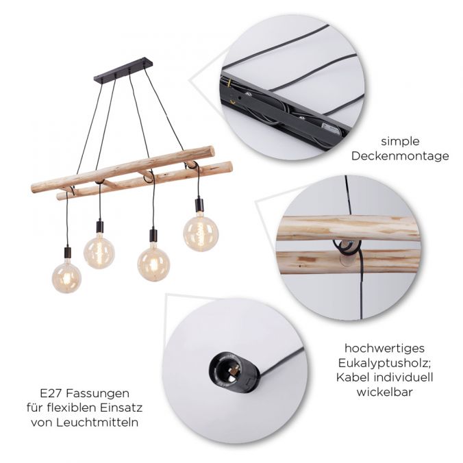 Paul Neuhaus Pendelleuchte schwarz Retro Design Holzleiter 4-flammig Eukalyptusholz Meist gekauft