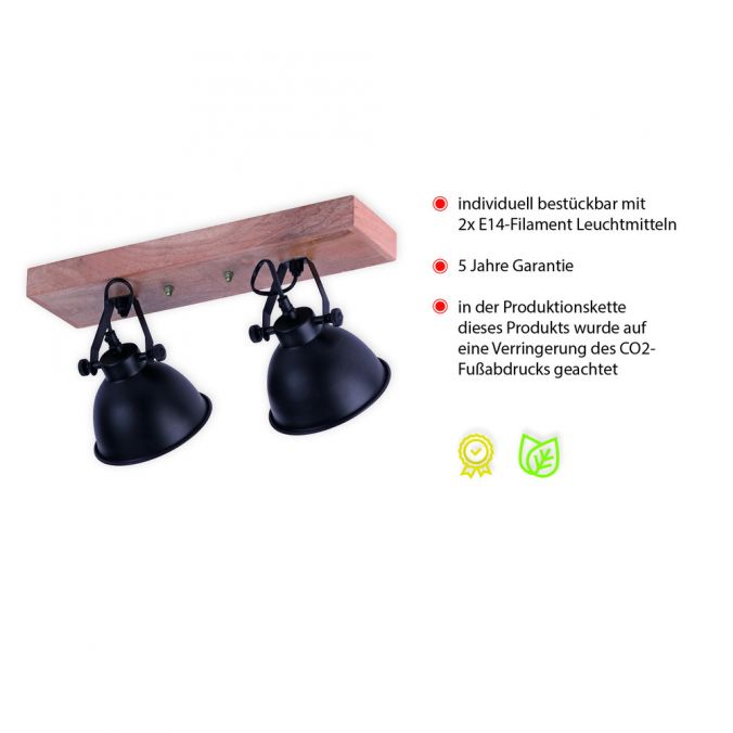 Paul Neuhaus Wand- und Deckenleuchte, schwarz, 2flg, Retro-Look, Vintage, drehbar, Holz Preisnachlass