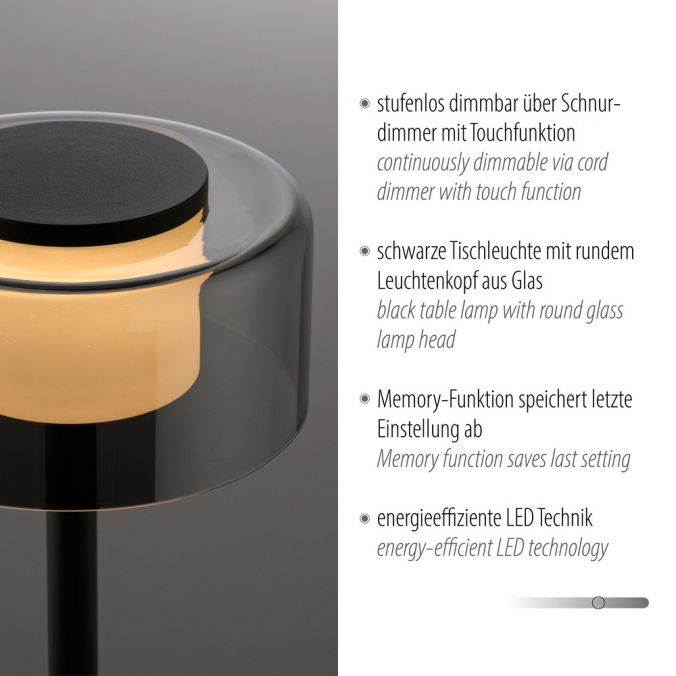 Paul Neuhaus LED Tischleuche schwarz stufenlos dimmbar Rauchglas Memoryfunktion Letzte 3 Tage