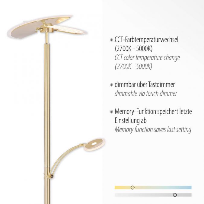 Paul Neuhaus LED-Stehleuchte in messing-matt mit Lesearm und Lichtfarbsteuerung mit Memoryfunktion und Tastdimmer 50% Rabatt für begrenzte Zeit