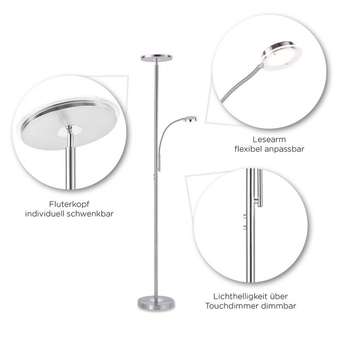 Paul Neuhaus LED-Deckenfluter, stahlfarben, flexibler Lesearm, dimmbar, modern, Büro Online