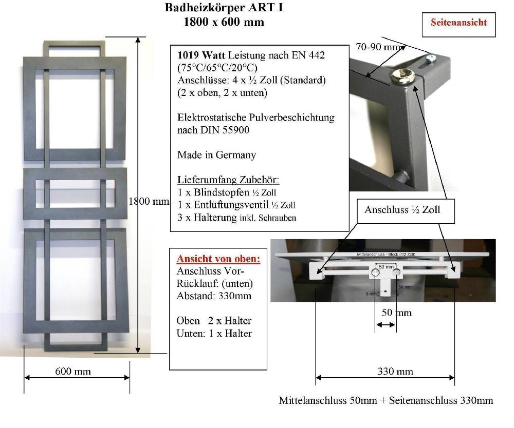 Szagato BADHEIZKÖRPER Design ART I 180x60cm 1019 Watt rot (+ Heizstab 900Watt) SZAGATO Designheizkörper Handtuchheizkörper mit Mittelanschluss Handtuchwärmer Bis zu 55% Rabatt