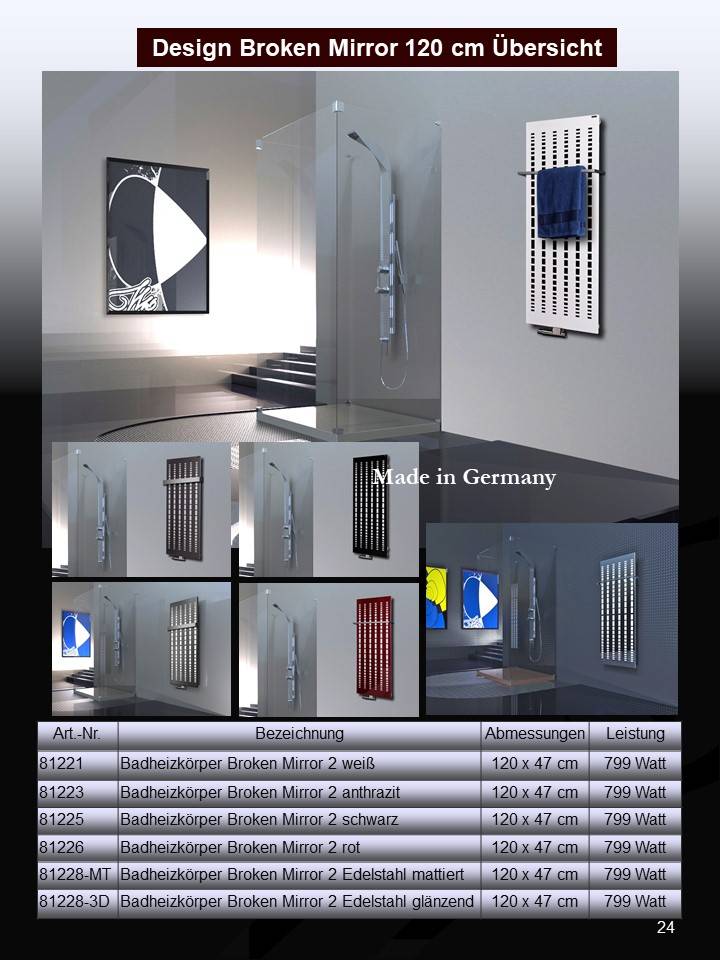 Szagato BADHEIZKÖRPER Design broken Mirror 2 120x47cm 799 Watt Edelstahl (+1 Halter 50mm) SZAGATO Designheizkörper Mittelanschluss Handtuchwärmer Heizkörper Heißer Verkauf