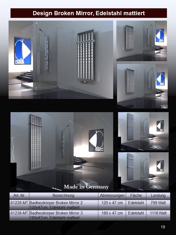 Szagato BADHEIZKÖRPER Design broken Mirror 2 120x47cm 799 Watt Edelstahl matt (+1 Halter 15mm) SZAGATO Designheizkörper mit Mittelanschluss Handtuchwärmer Online Outlet