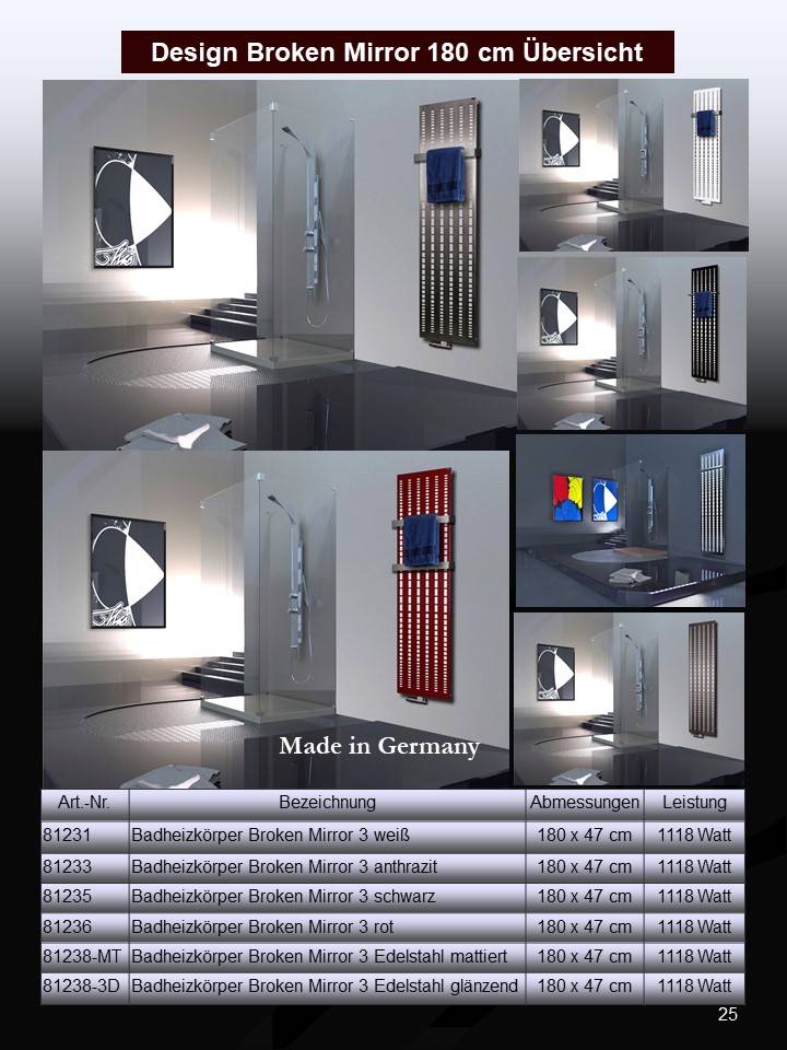 Szagato BADHEIZKÖRPER Design broken Mirror 3 180x47cm 1118 Watt Edelstahl (+1 Halter glänzend 15mm) SZAGATO Designheizkörper Mittelanschluss Handtuchwärmer VIP-Rabatte