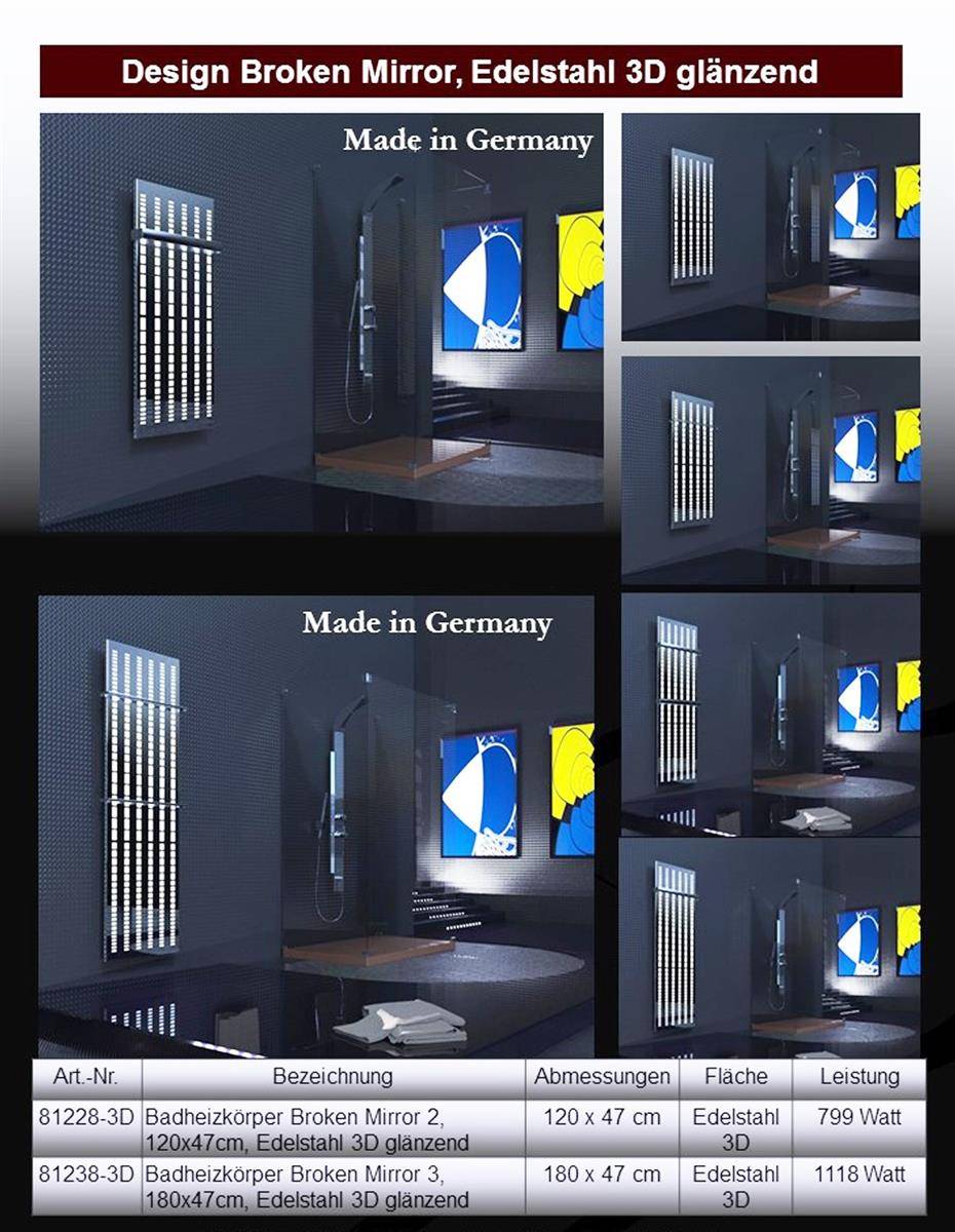 Szagato BADHEIZKÖRPER Design broken Mirror 3 180x47cm 1118 Watt Edelstahl (+1 Halter glänzend 50mm) SZAGATO Designheizkörper Mittelanschluss Handtuchwärmer Tiefpreis