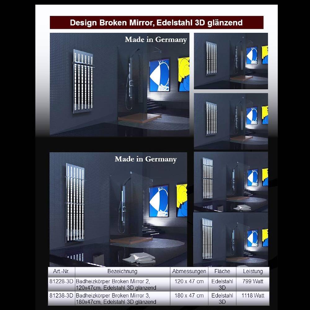 Szagato BADHEIZKÖRPER Design broken Mirror 3 180x47cm 1118 Watt Edelstahl (+2 Halter 15mm) SZAGATO Designheizkörper Handtuchheizkörper mit Mittelanschluss Super Sparpreis